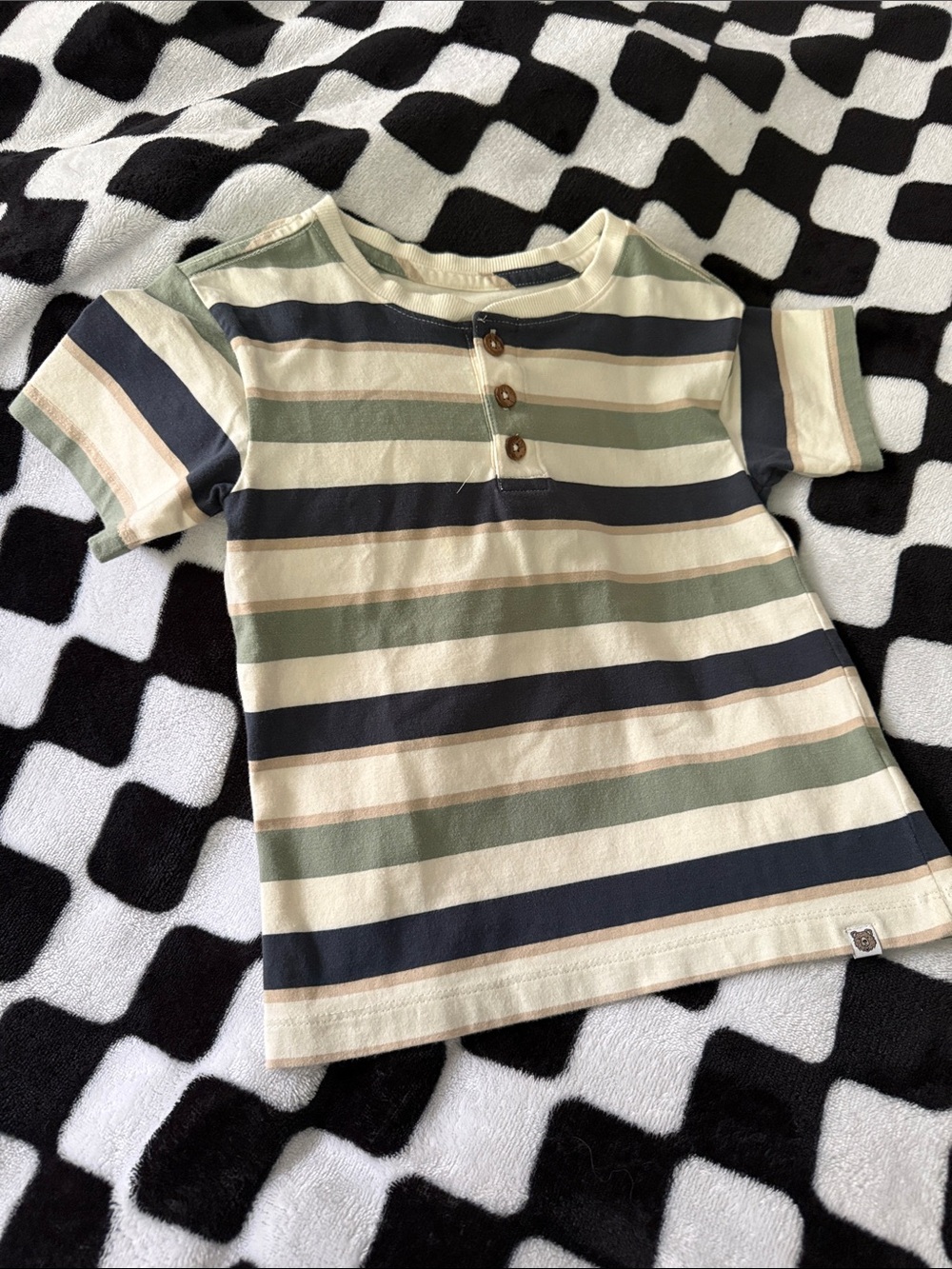 Striped Short-Sleeve Henley Tee - Cream, Navy & Sage